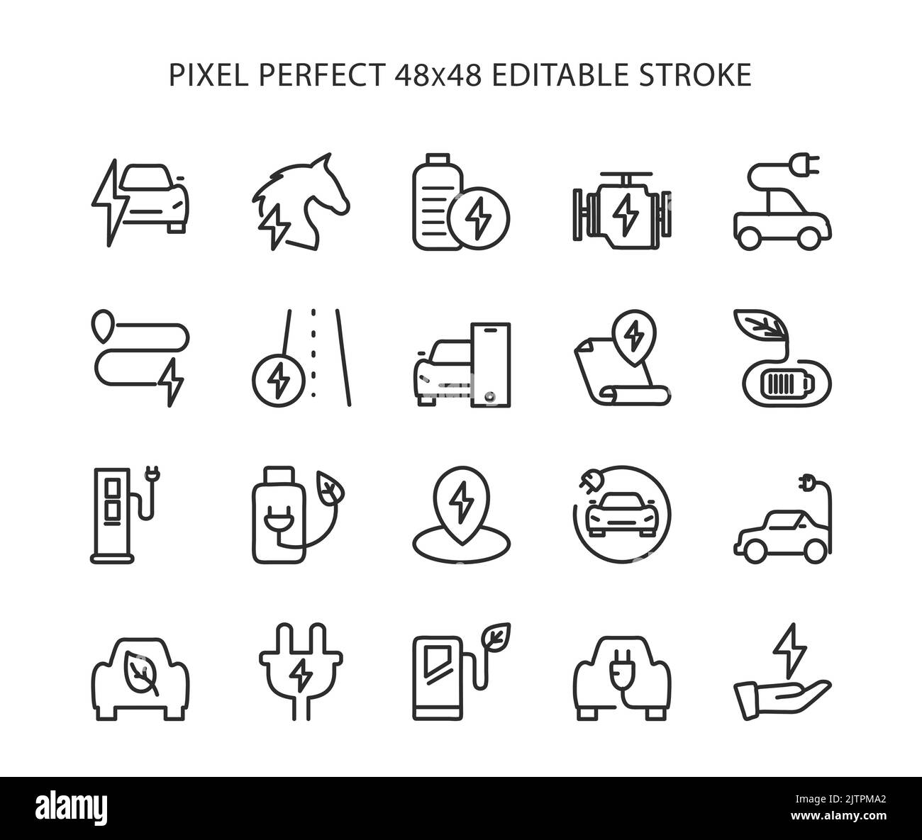 Semplice set di icone di linee vettoriali correlate all'elettro-automobile. Set di icone piatte e digitali per Web e dispositivi mobili. Pixel Perfect 48x48 traccia modificabile. Illustrazione Vettoriale