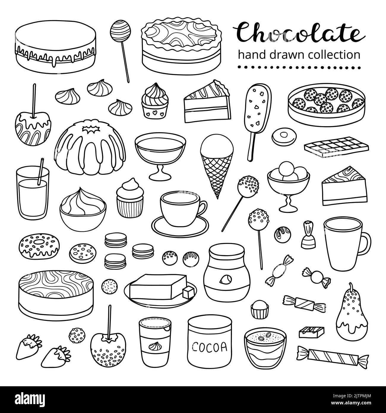 Collezione di contorni al cioccolato e cacao, dolci, dessert, torte, frutta isolata su sfondo bianco. Illustrazione Vettoriale