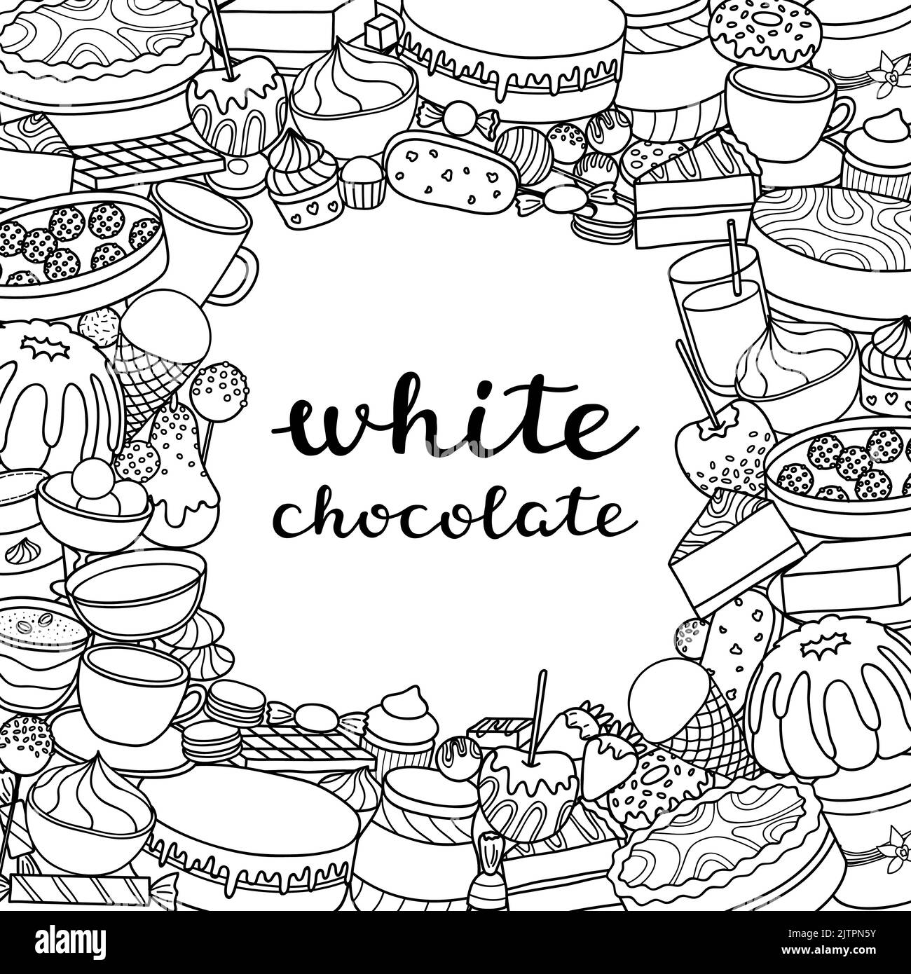 Sfondo quadrato con diversi dolci al cioccolato bianco, dolci e scritte color bianco scuro a mano. Design dettagliato della struttura. Maschera di ritaglio utilizzata. Illustrazione Vettoriale