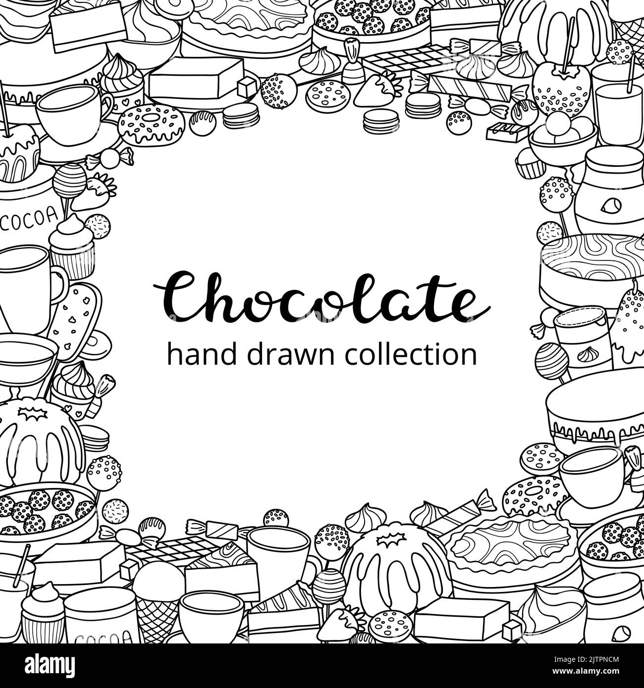 Sfondo quadrato con diversi dolci al cioccolato scamerati a mano, dessert e scritte. Design dettagliato della struttura. Maschera di ritaglio utilizzata. Illustrazione Vettoriale