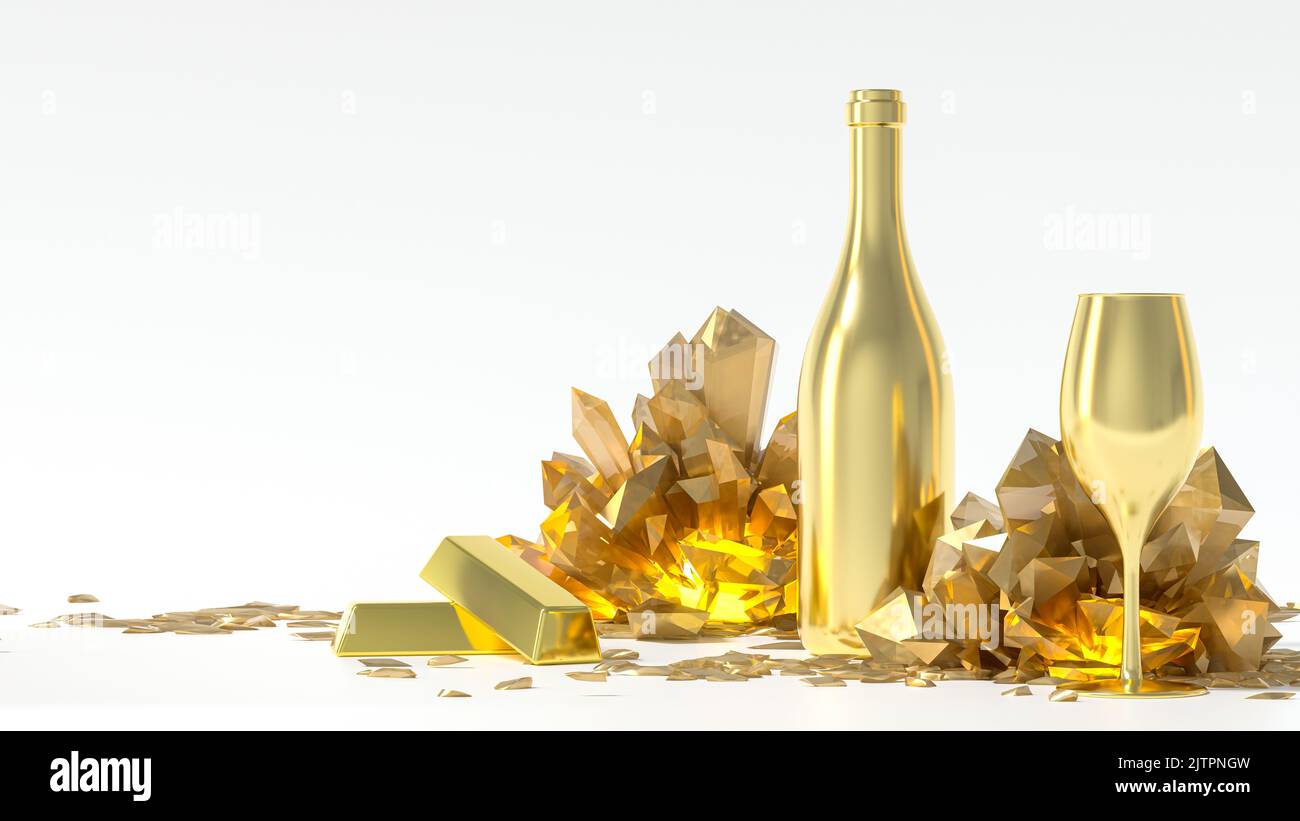 bottiglia di champagne in oro con pile di barrette e cristalli d'oro - render di lusso 3d per il natale e gli anniversari di capodanno. bevanda ricca di alta classe bot Foto Stock