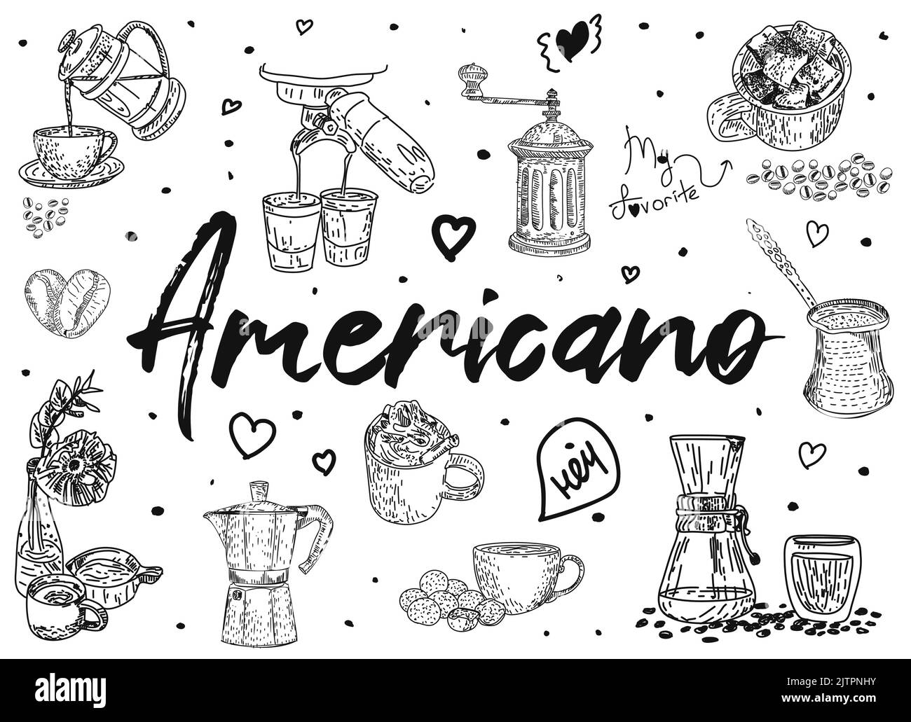 Menu del cafe' del ristorante, design a modello. Schizzo decorativo della tazza di caffè. Volantino dei prodotti alimentari. Illustrazione Vettoriale