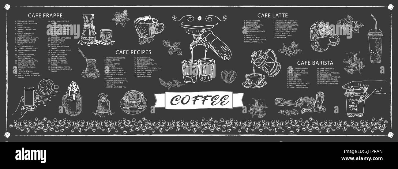 Menu del cafe' del ristorante, design a modello. Schizzo decorativo della tazza di caffè. Volantino dei prodotti alimentari. Illustrazione Vettoriale