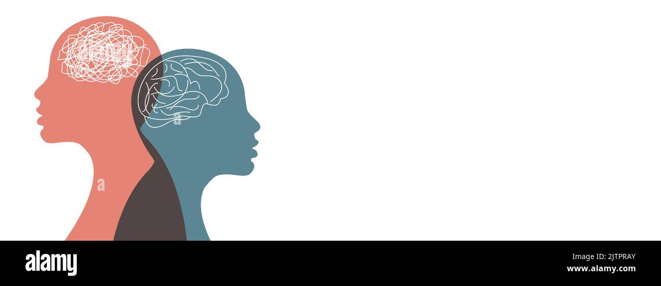 Metafora disturbo bipolare mente mentale. Groviglio e ungroviglio. Dividi personalità. Psicologia. Disturbo dell'umore. Salute mentale. Concetto di doppia personalità. PSY Illustrazione Vettoriale