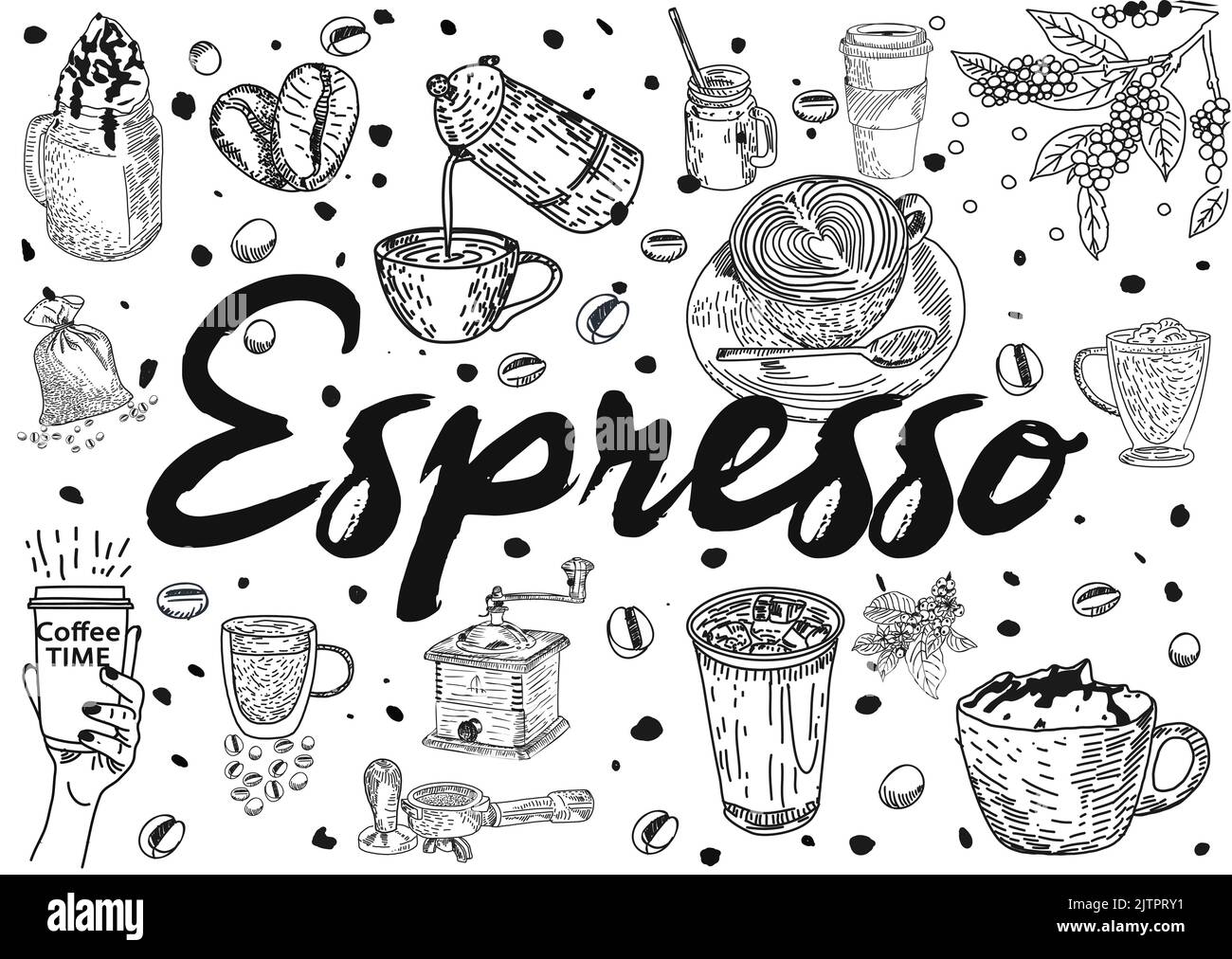 Menu del cafe' del ristorante, design a modello. Schizzo decorativo della tazza di caffè. Volantino dei prodotti alimentari. Illustrazione Vettoriale