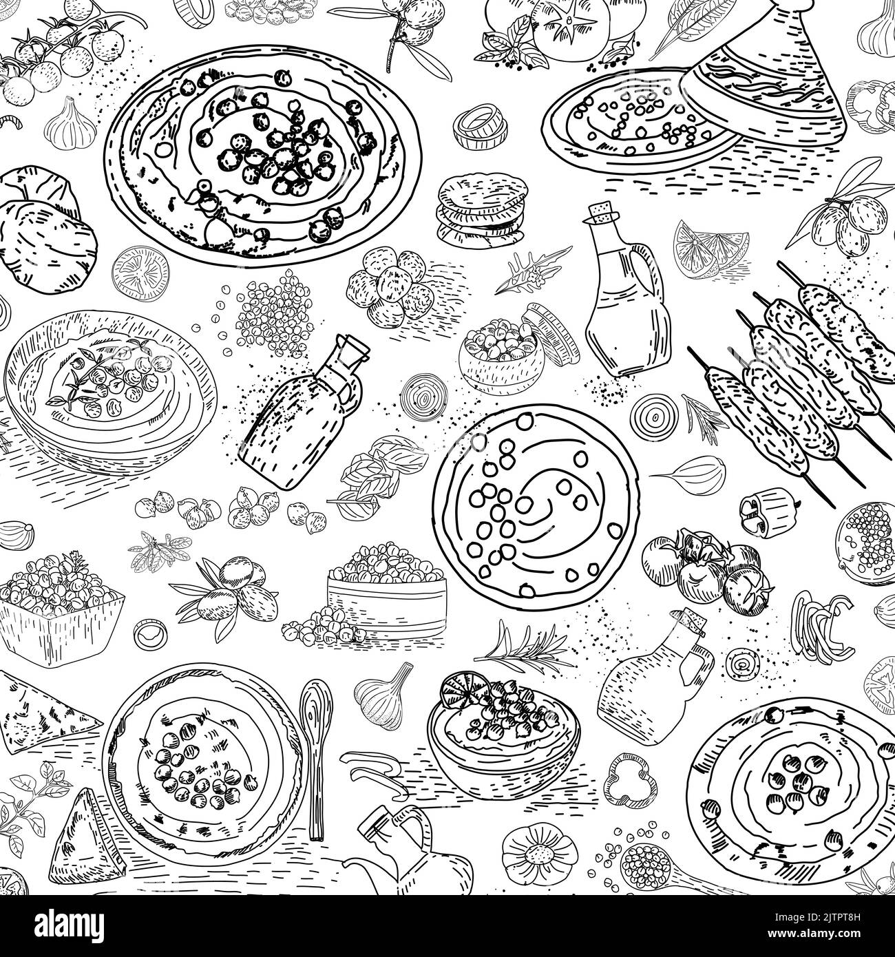 Modello senza giunture vettoriale disegnato a mano con hummus. Cibo sano. Cucina mediterranea. Menu vegetariano disegno alimentare. Design della confezione. Illustrazione Vettoriale