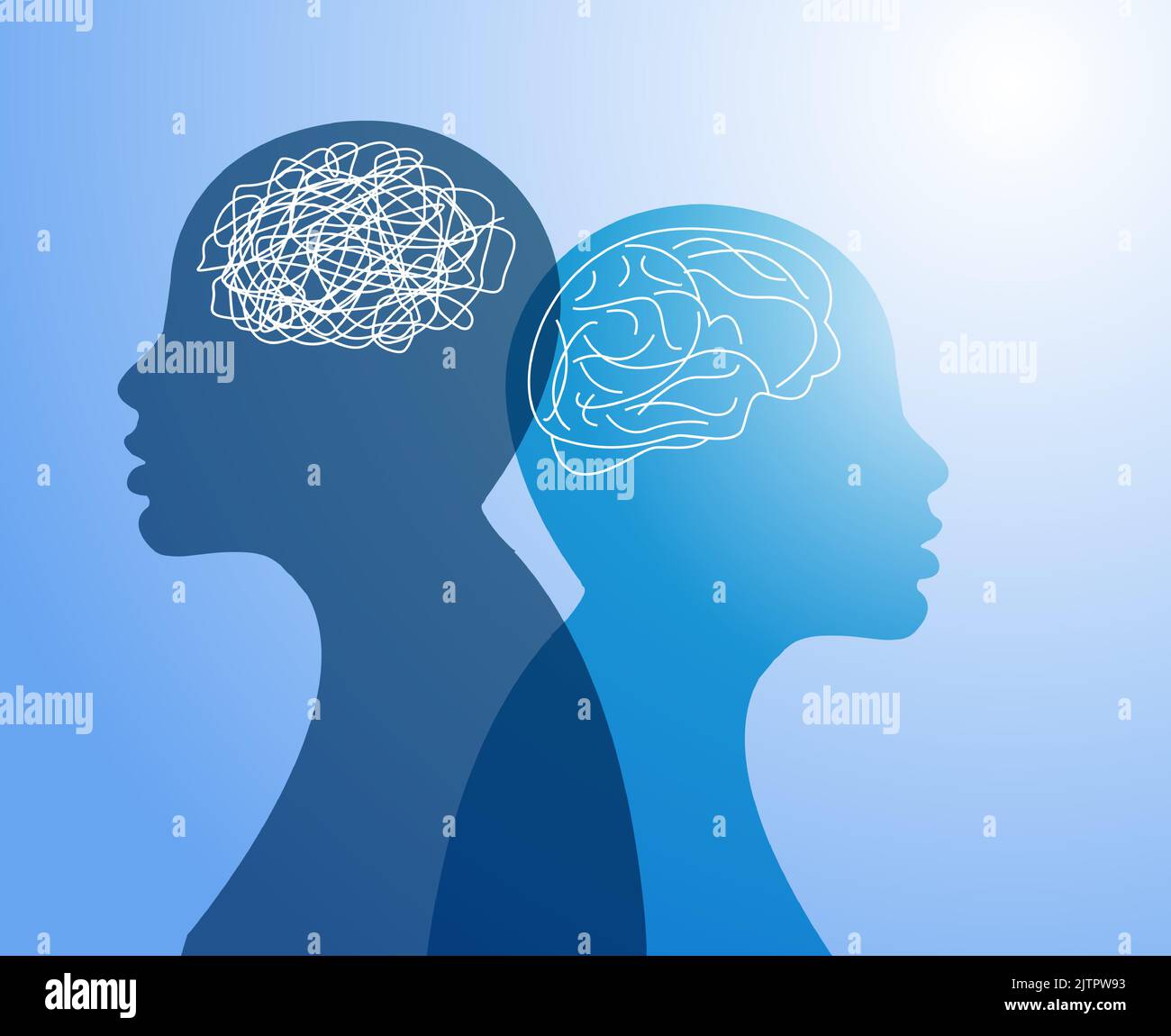Metafora disturbo bipolare mente mentale. Groviglio e ungroviglio. Dividi personalità. Psicologia. Disturbo dell'umore. Salute mentale. Concetto di doppia personalità. PSY Illustrazione Vettoriale