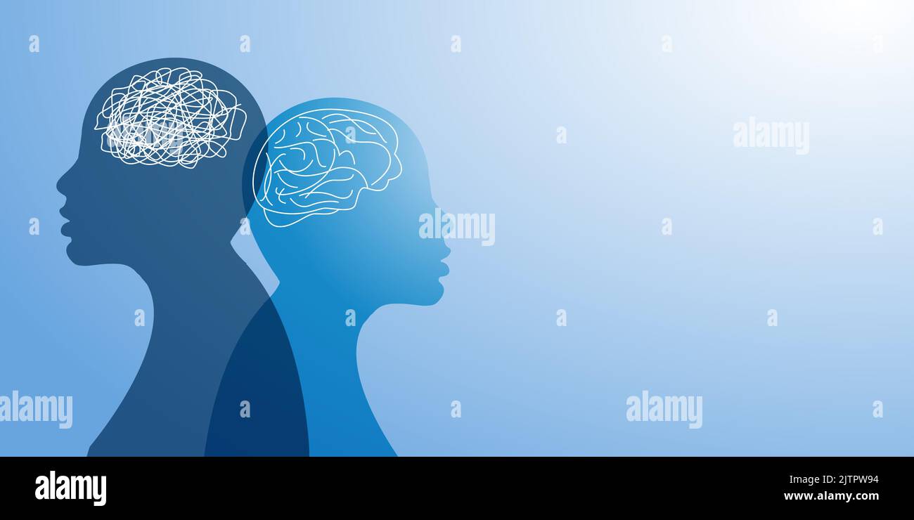 Metafora disturbo bipolare mente mentale. Groviglio e ungroviglio. Dividi personalità. Psicologia. Disturbo dell'umore. Salute mentale. Concetto di doppia personalità. PSY Illustrazione Vettoriale