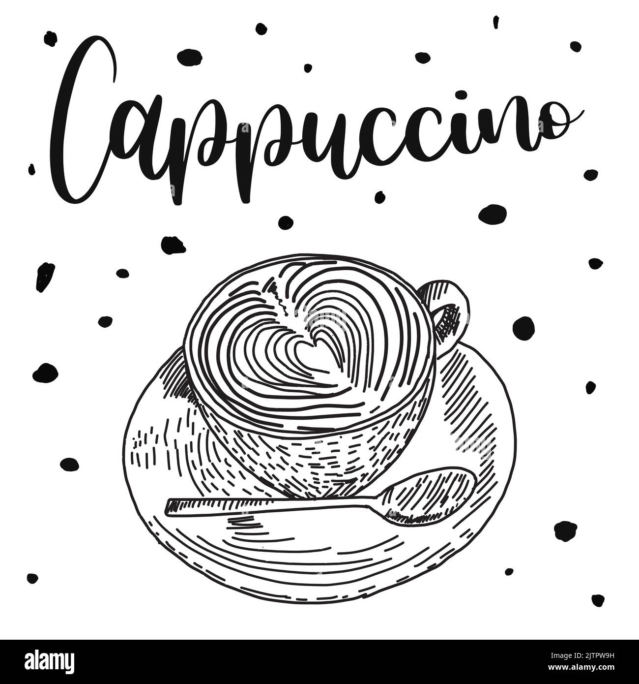 Menu del cafe' del ristorante, design a modello. Schizzo decorativo della tazza di caffè. Volantino dei prodotti alimentari. Illustrazione Vettoriale