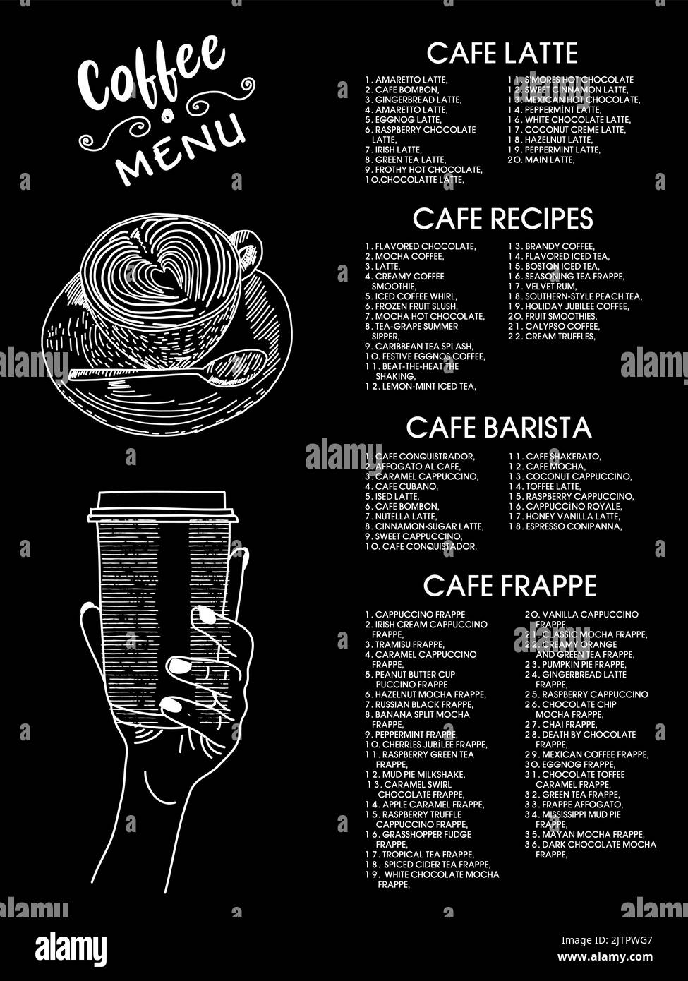 Menu della caffetteria. Menu del cafe' del ristorante, design a modello. Volantino dei prodotti alimentari. Layout con scritte vintage e cornice di dolci grafici disegnati a mano. Vettore. Illustrazione Vettoriale
