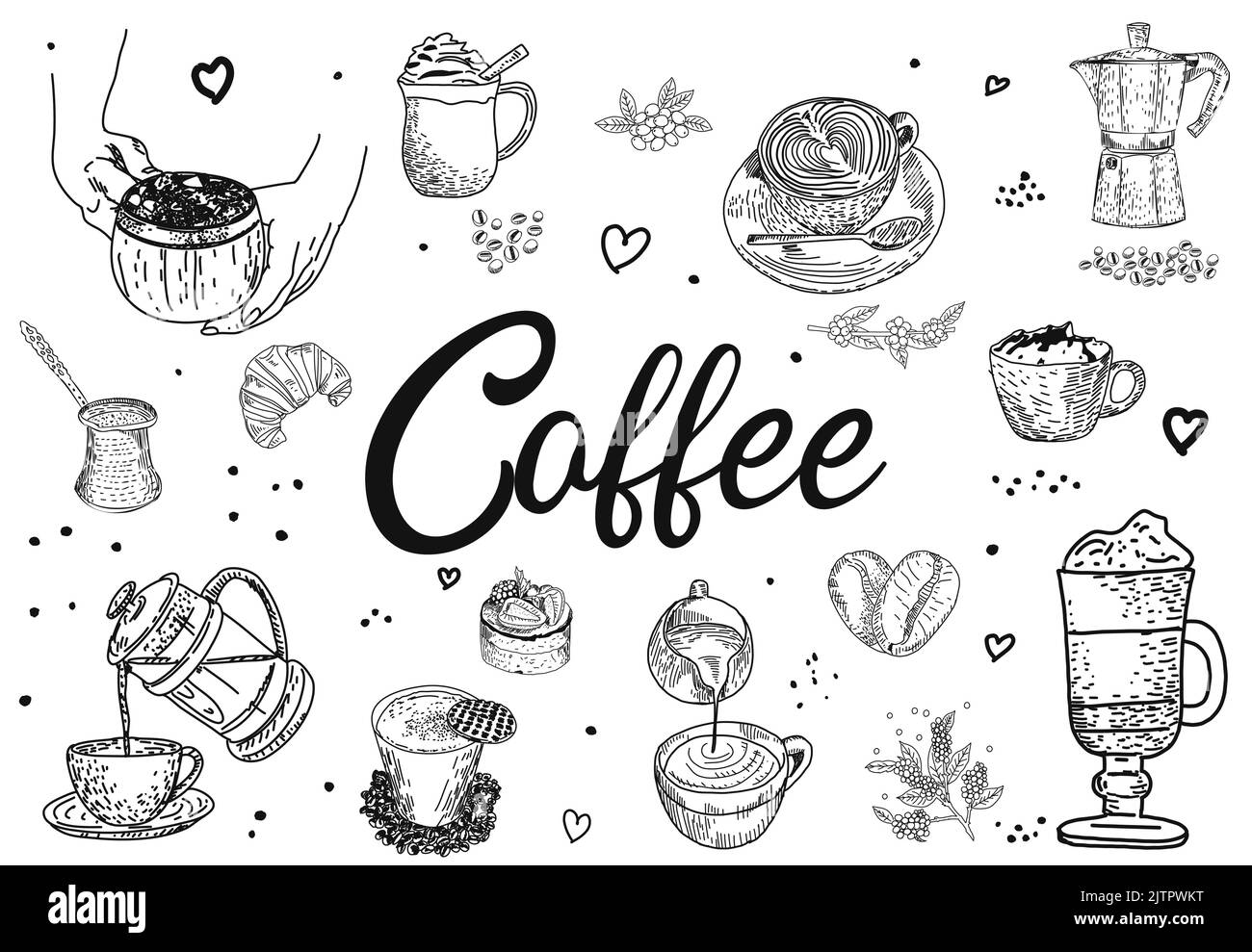 Menu del cafe' del ristorante, design a modello. Schizzo decorativo della tazza di caffè. Volantino dei prodotti alimentari. Illustrazione Vettoriale