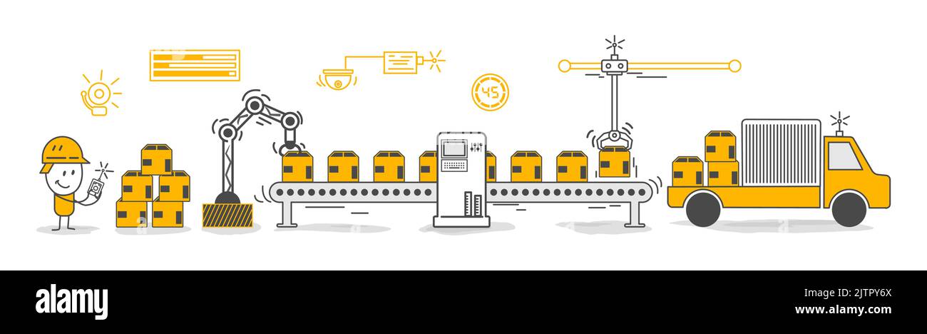 Stick figure. Automazione industriale, concetto di automazione tecnica 4,0 per l'industria moderna. Ingegnere che guarda bracci robotici autonomi mentre tiene una rima Illustrazione Vettoriale