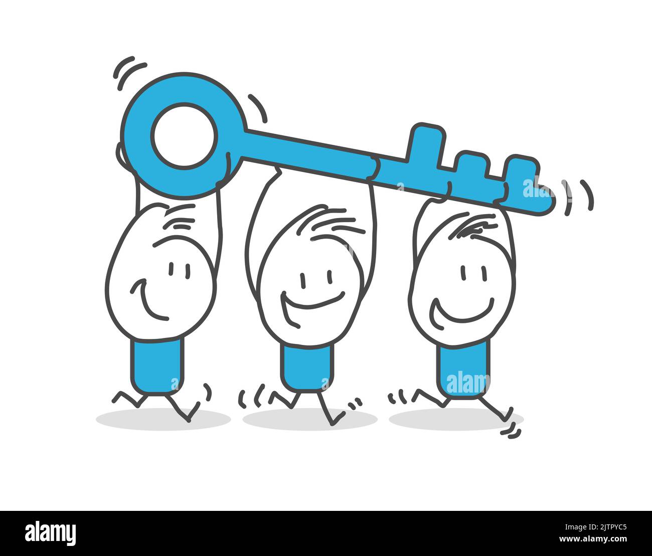 Stick figure. Uomini d'affari che corrono con la chiave grande come metafora di soluzione di problema. Uomini d'affari che lavorano con la chiave grande. Illustrazione Vettoriale