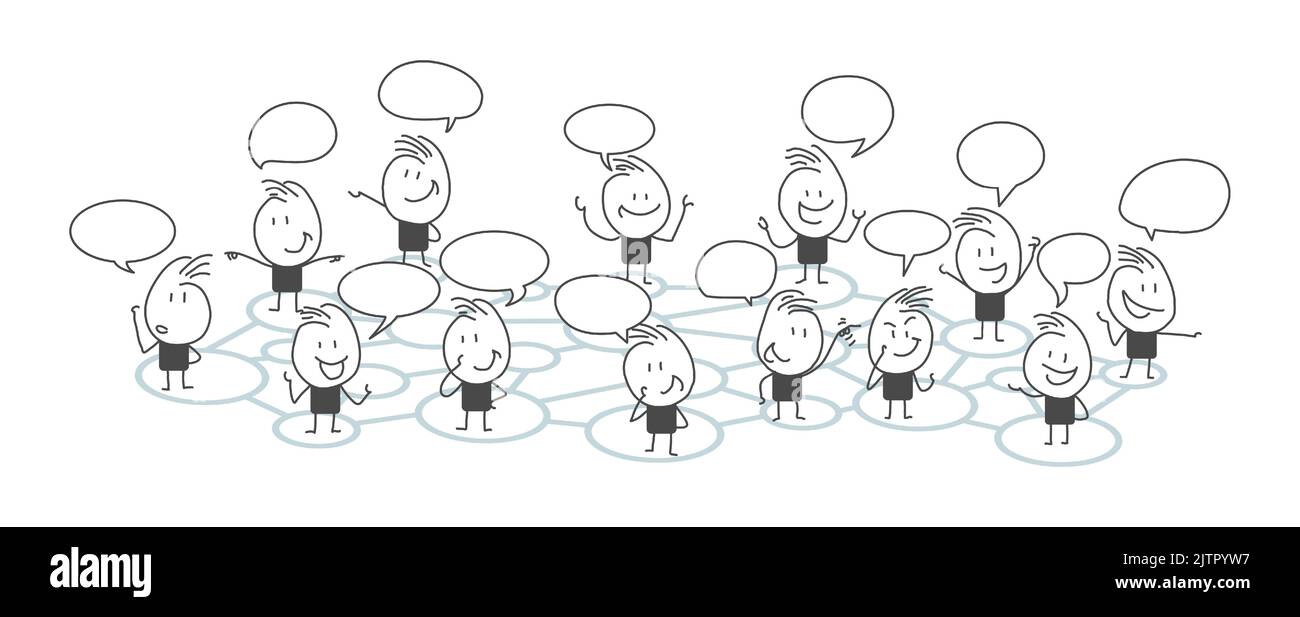 Stick figure. Comunicazione Bubble chat di gruppo. Stile cartone animato. Discutere di social network, notizie, social network, chat, dialogo bolle. Illustrazione Vettoriale