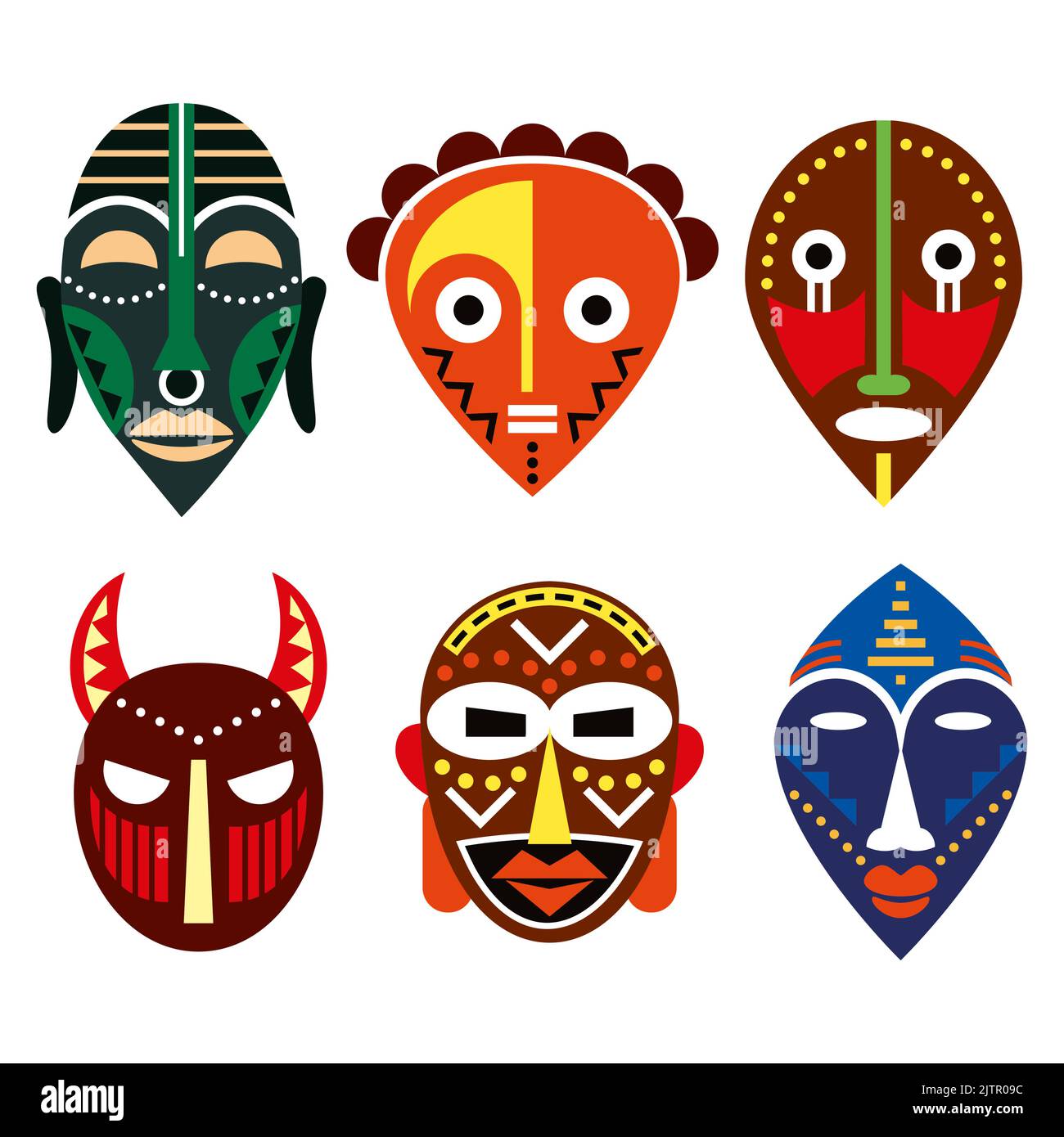 Maschere rituali africane set di disegno vettoriale, decorazioni tradizionali arte popolare in diversi colori Illustrazione Vettoriale