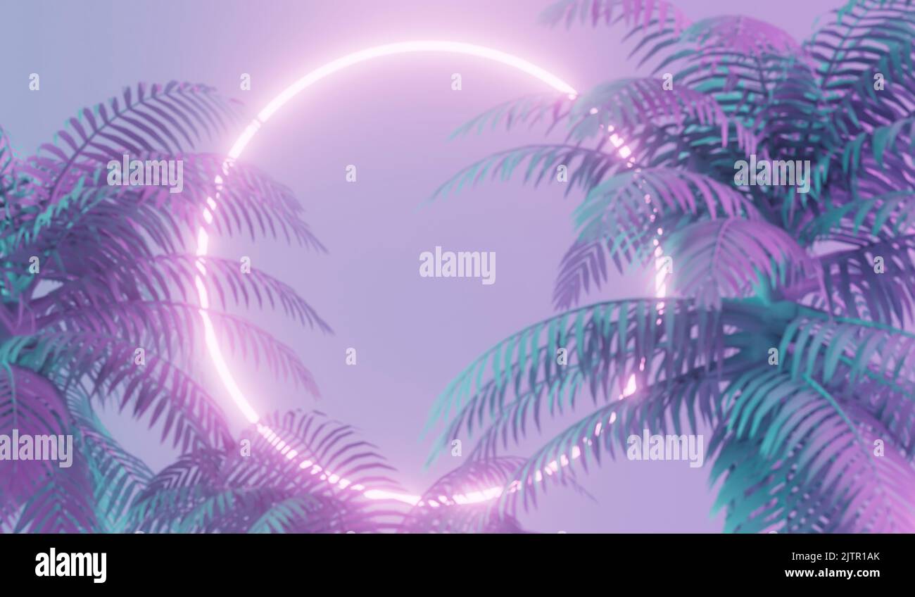 Moderno neon alla moda che illumina la luce con palme tropicali. Rendering 3D Foto Stock Moderno neon alla moda che illumina la luce con palme tropicali. Rendering 3D Foto Stock