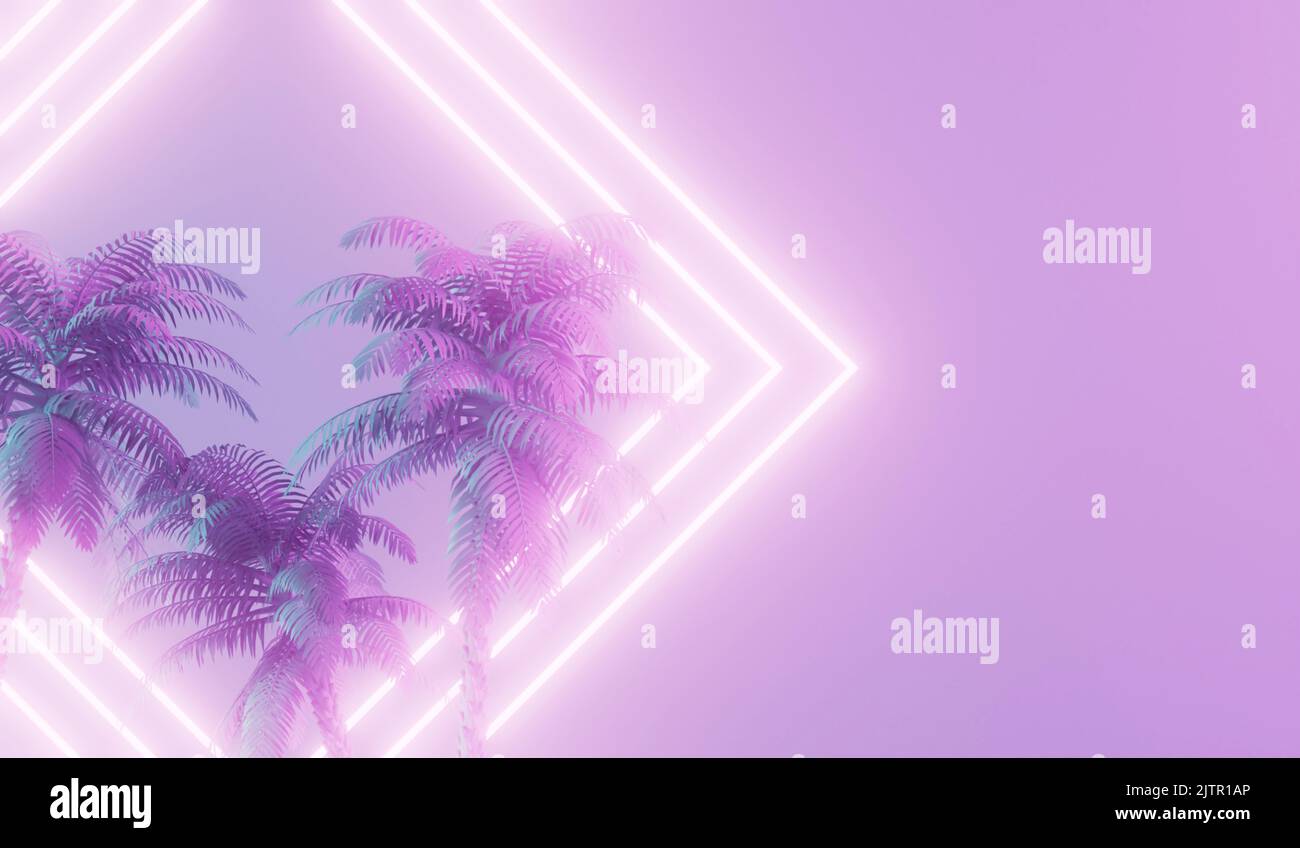 Moderno neon alla moda che illumina la luce con palme tropicali. Rendering 3D Foto Stock Moderno neon alla moda che illumina la luce con palme tropicali. Rendering 3D Foto Stock