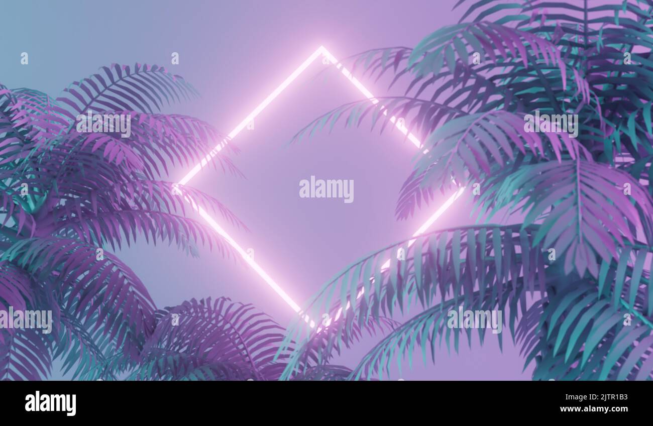 Moderno neon alla moda che illumina la luce con palme tropicali. Rendering 3D Foto Stock Moderno neon alla moda che illumina la luce con palme tropicali. Rendering 3D Foto Stock