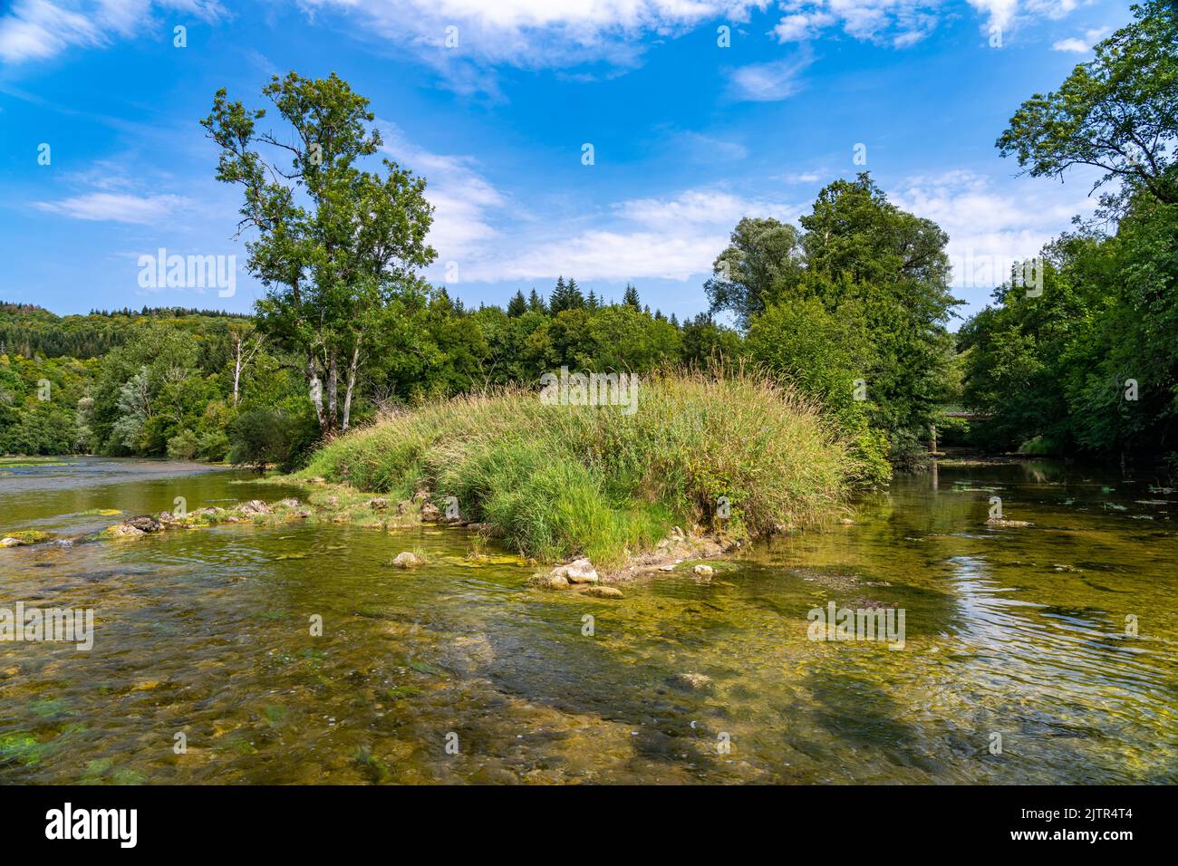 Zusammenfluss von Loue und Lison bei Lizine, Bourgogne-Franche-Comté, Frankreich, Europa | Loue e confluenza del fiume Lison vicino Lizine, Bourgogne-fra Foto Stock