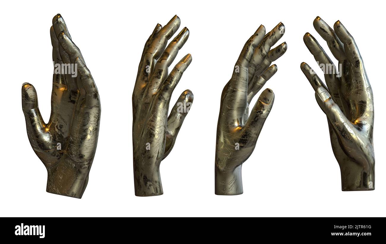 3d rappresentazione di una mano metallica dorata posa o gesto da diverse angolazioni - posa della mano per la visualizzazione o il posizionamento del prodotto sfondo bianco Foto Stock