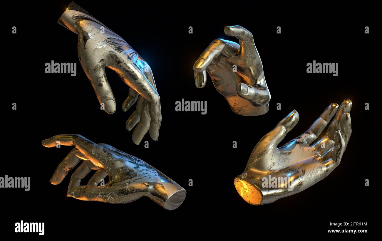 3d rappresentazione di una mano metallica dorata posa o gesto da diverse angolazioni - posa della mano per la visualizzazione o il posizionamento del prodotto sfondo nero Foto Stock