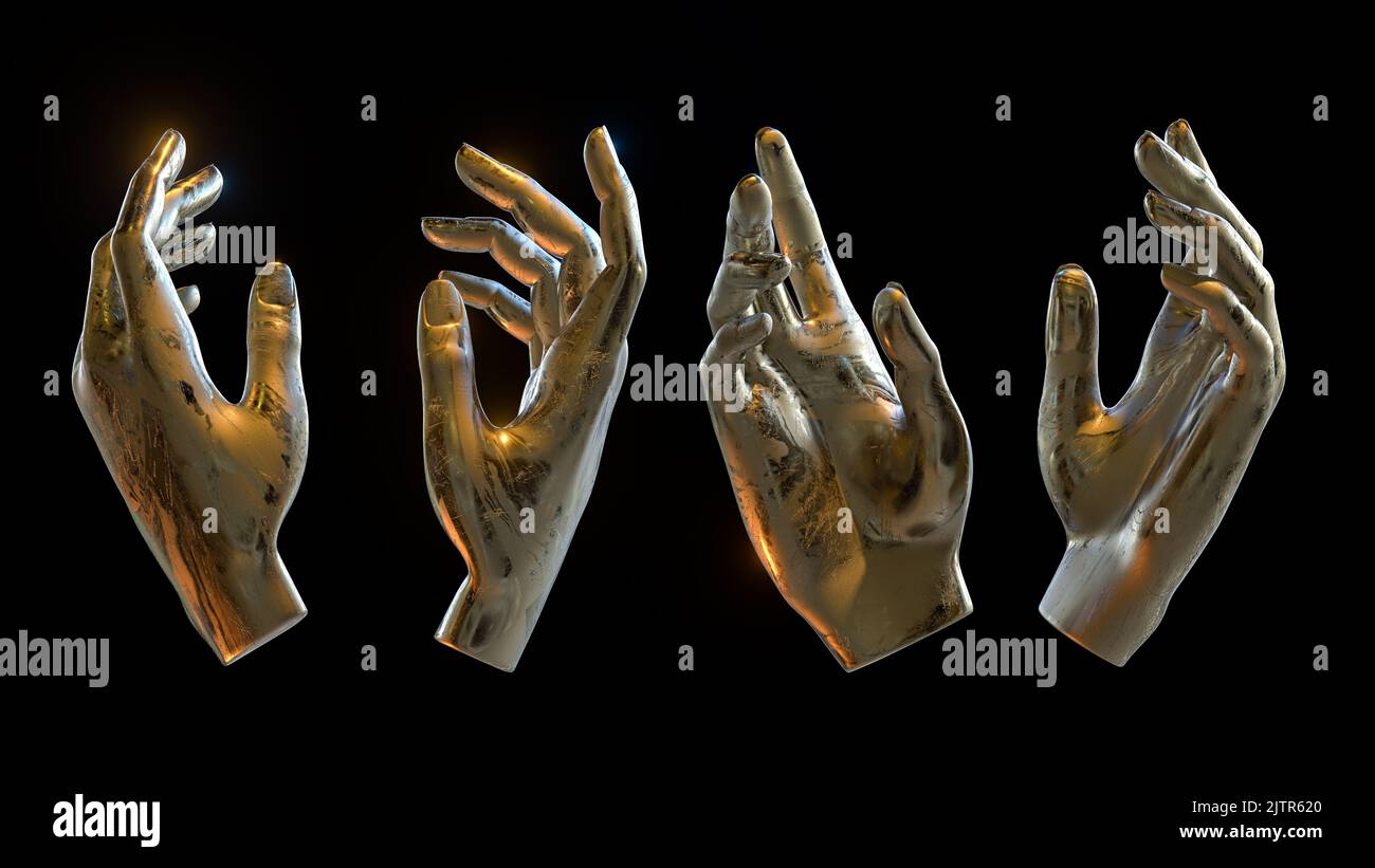 3d rappresentazione di una mano metallica dorata posa o gesto da diverse angolazioni - posa della mano per la visualizzazione o il posizionamento del prodotto sfondo nero Foto Stock