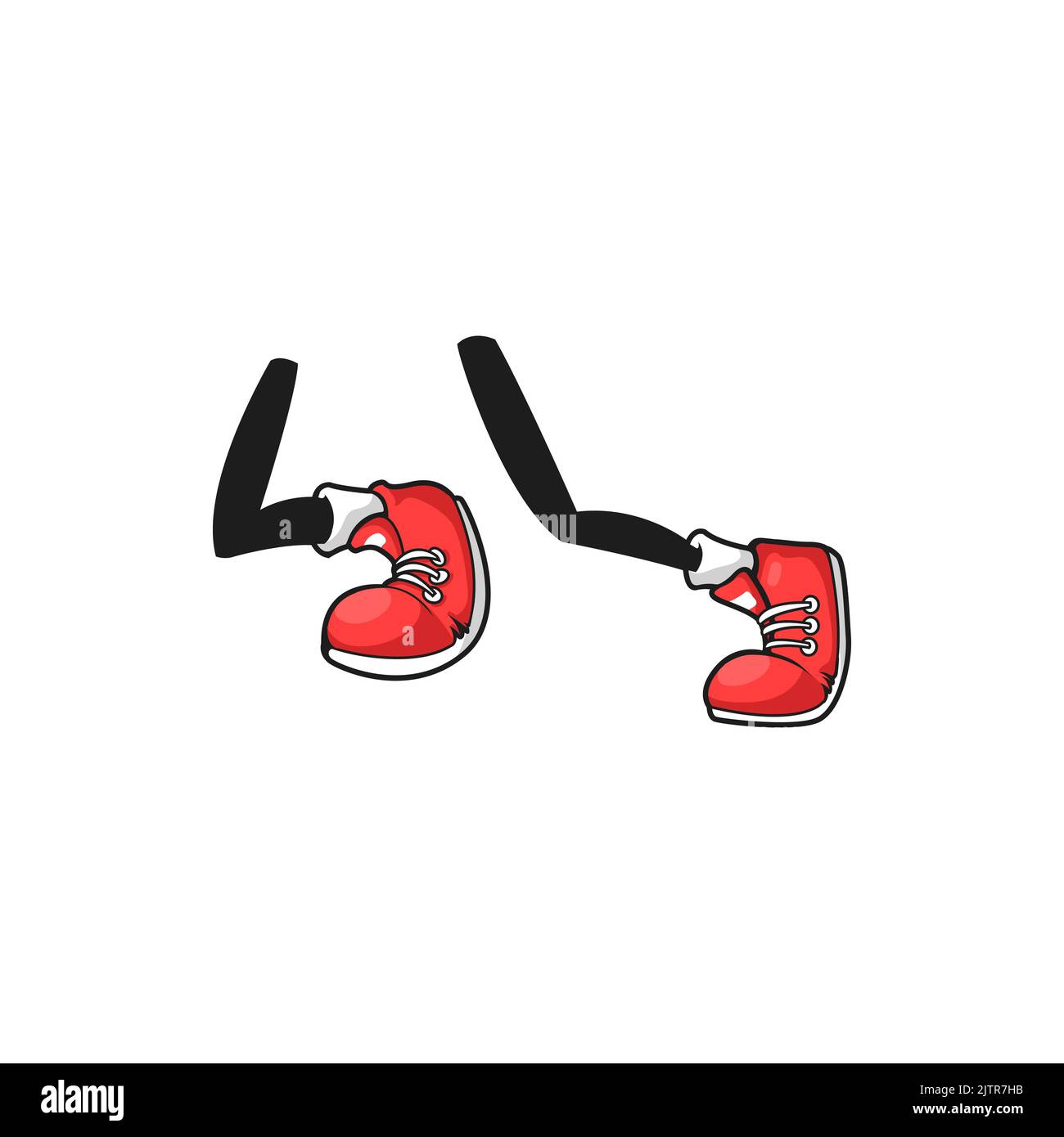 Gambe piegate in ginocchio jogging scarpe sportive comic rosso su suola in gomma bianca con lacci isolati. Vettore divertente cartoni animati gambe di carattere atletico, divertente scarpe per bambini. Scarpe da ginnastica colorate, piedini in stile urbano Illustrazione Vettoriale