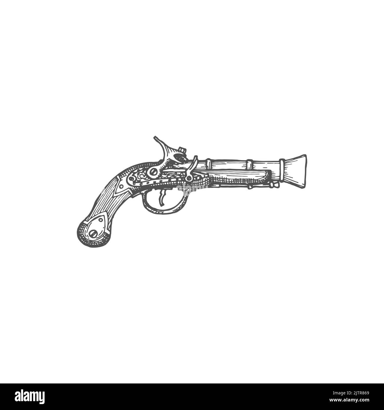 Pistola flintlock, pirata pistola fuoco fucile Musket isolato monocromatico icona. Schizzo del revolver della polvere da sparo medievale, armeria marina retrò, pistola a vapore, pistola d'epoca sparata dalla scintilla della selce Illustrazione Vettoriale