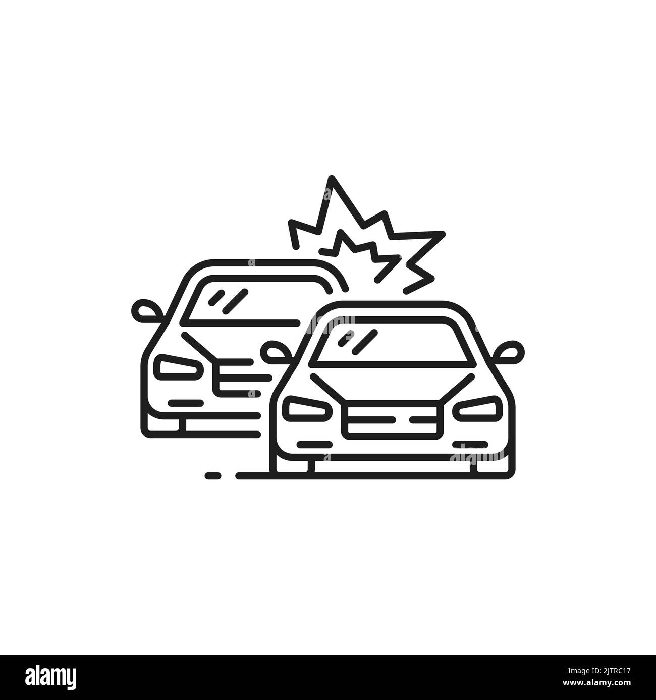 Icona di collisione, collisione o incidente stradale a linee sottili. Icona del profilo di collisione del veicolo, sicurezza di guida del veicolo e violazione delle regole. Danni all'automobile in roa Illustrazione Vettoriale
