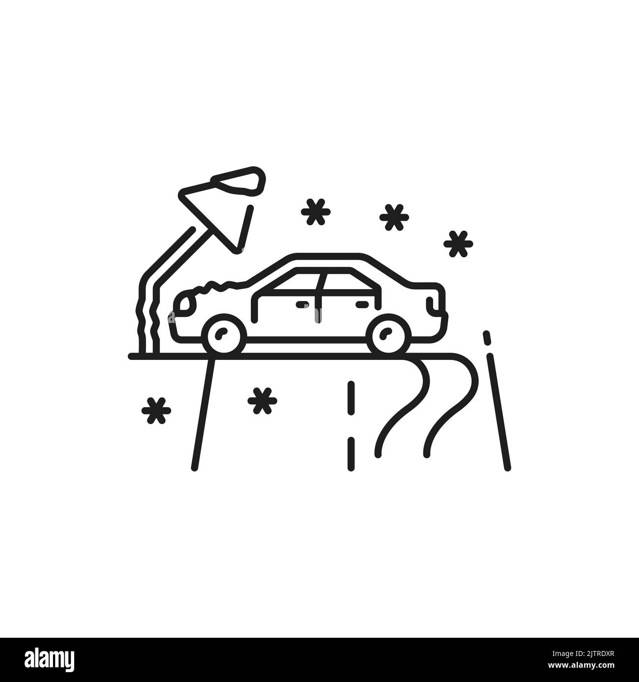 Icona di danni all'auto, incidenti o incidenti. Collisione della vettura su una strada ghiacciata invernale, pittogramma di incidente. Segnale di linea sottile di sicurezza per la guida del veicolo o automobilil Illustrazione Vettoriale