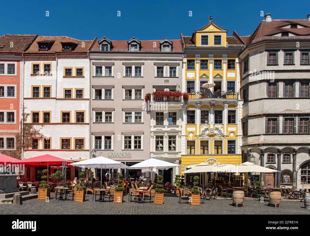 Zeile (Row) ospita la piazza del mercato inferiore (Untermarkt), Görlitz (Goerlitz), Germania Foto Stock