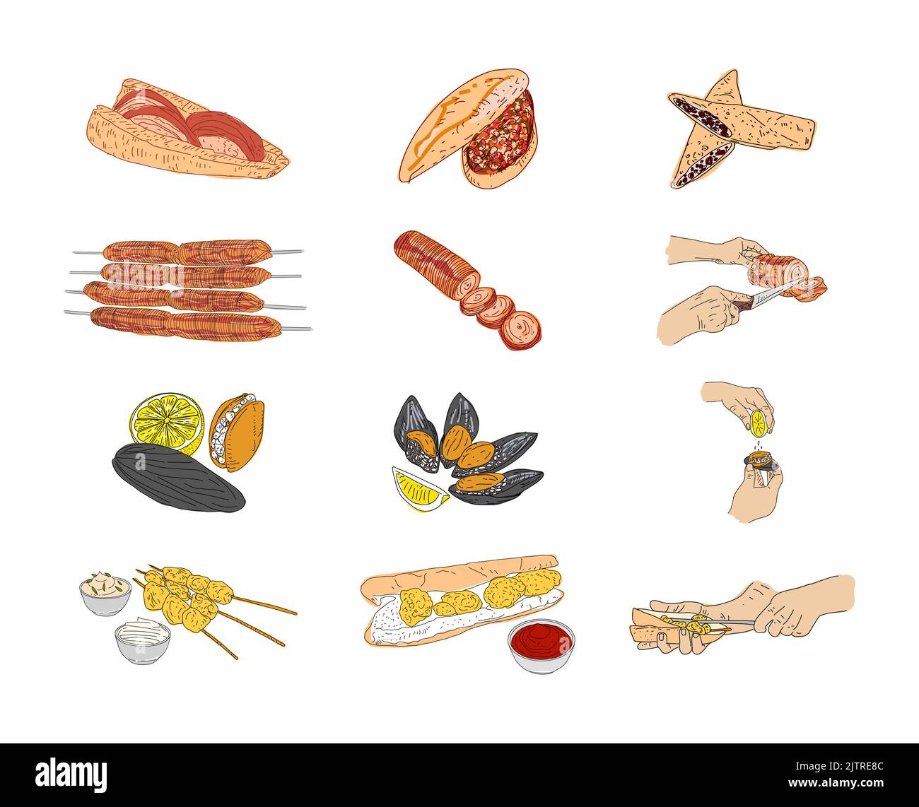 Kokorec, cozze farcite, cozze fritte, disegno vettoriale disegnato a mano. Elementi di design del menu fast food. Elemento di design per logo, poster, menu, volantino, banne Illustrazione Vettoriale