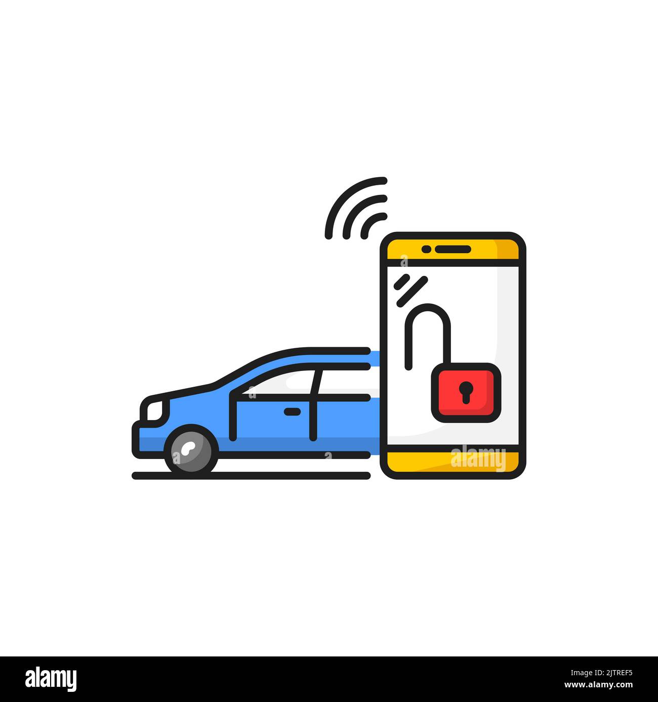 Chiave per auto nello smartphone, icona dell'applicazione Smart Lock. Vettore bloccato o porta aperta in auto dal telefono, chiuso auto dal telefono wireless tecnologia Illustrazione Vettoriale