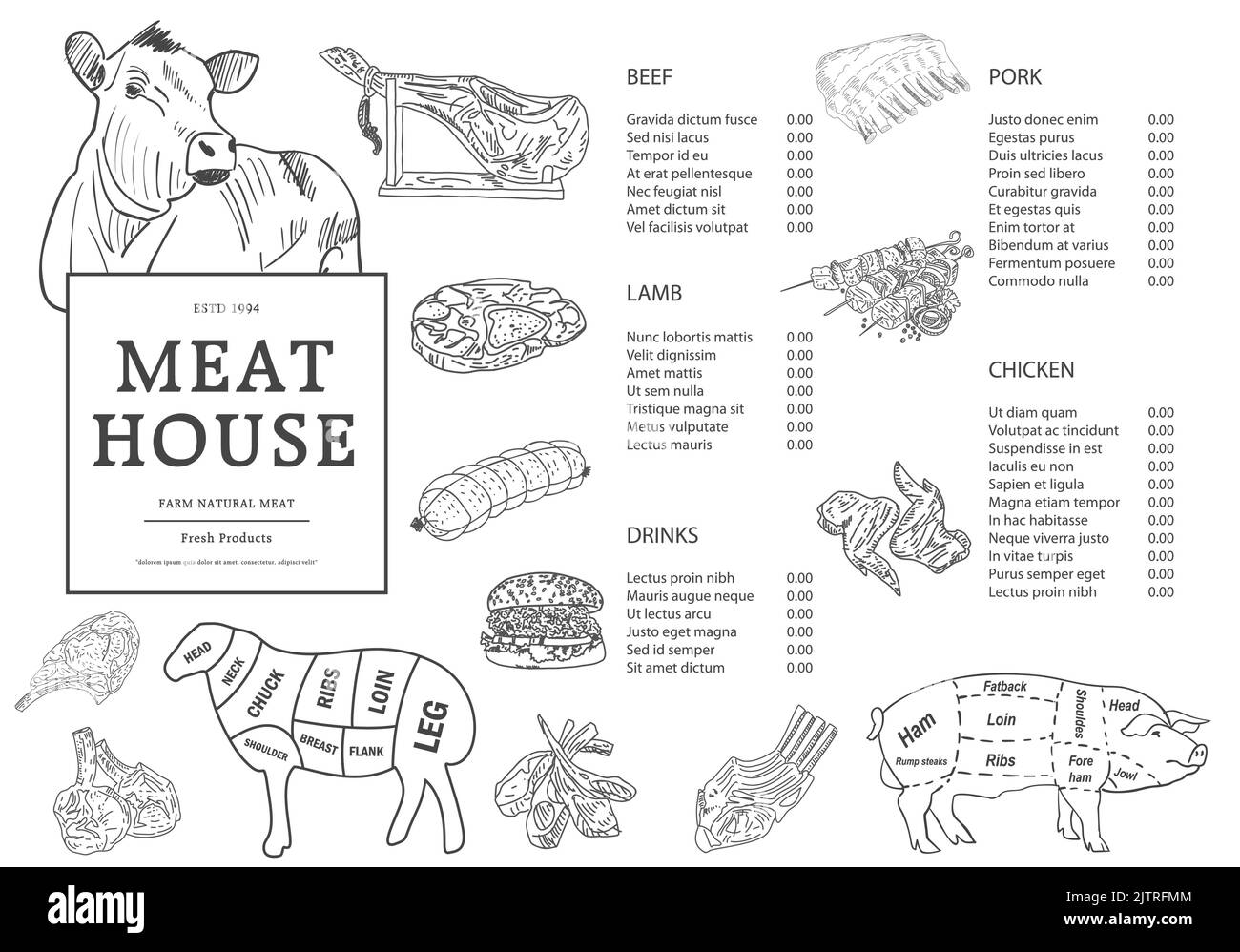 Ristorante Food Menu Design. Menu ristorante Meat house modello di prezzo per piatti a base di carne. Menu di salsicce di carne alla griglia, manzo, maiale, pollo. Ske vettoriale Illustrazione Vettoriale