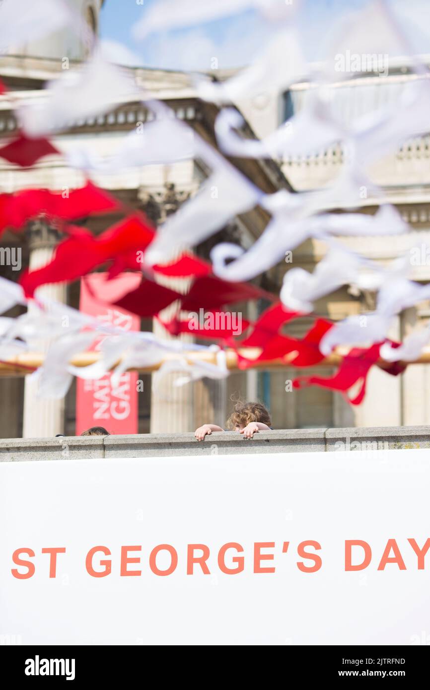 Uno spettatore è visto dietro le decorazioni mentre le persone si riuniscono per le celebrazioni del giorno di San Giorgio a Trafalgar Square, nel centro di Londra. Foto Stock