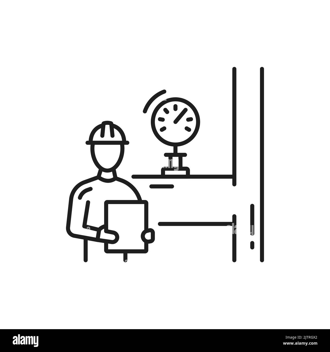 Icona del profilo isolato della pressione di controllo dell'operatore di produzione dell'olio nel tubo. Manometro vettoriale e uomo in elmetto con carta. Industria, manutenzione, lavoratore che controlla il trasporto di combustibile di gas da condutture Illustrazione Vettoriale