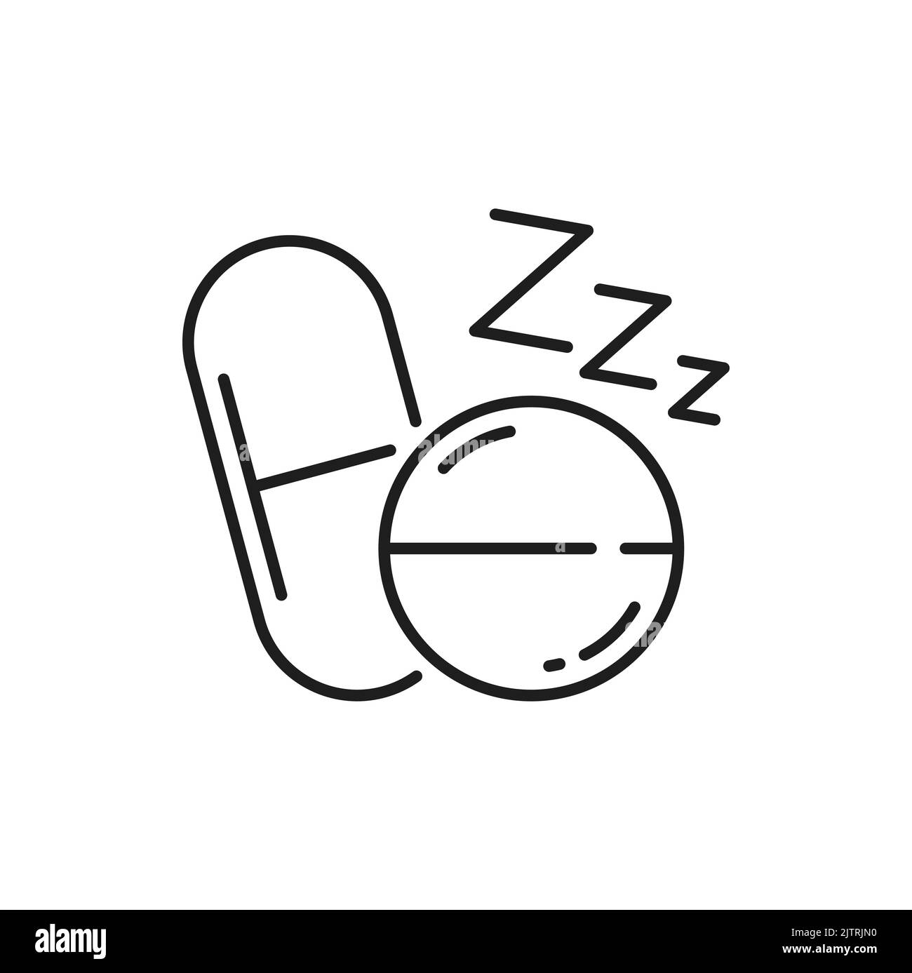Insonnia pillole e zzz o segno di sonno, dose di droga melatonina e dormire lettere suono isolato contorno icona. Testo vettoriale zzz, sonno, riposo e riposo e sonno, ibernazione e relax medicamento Illustrazione Vettoriale