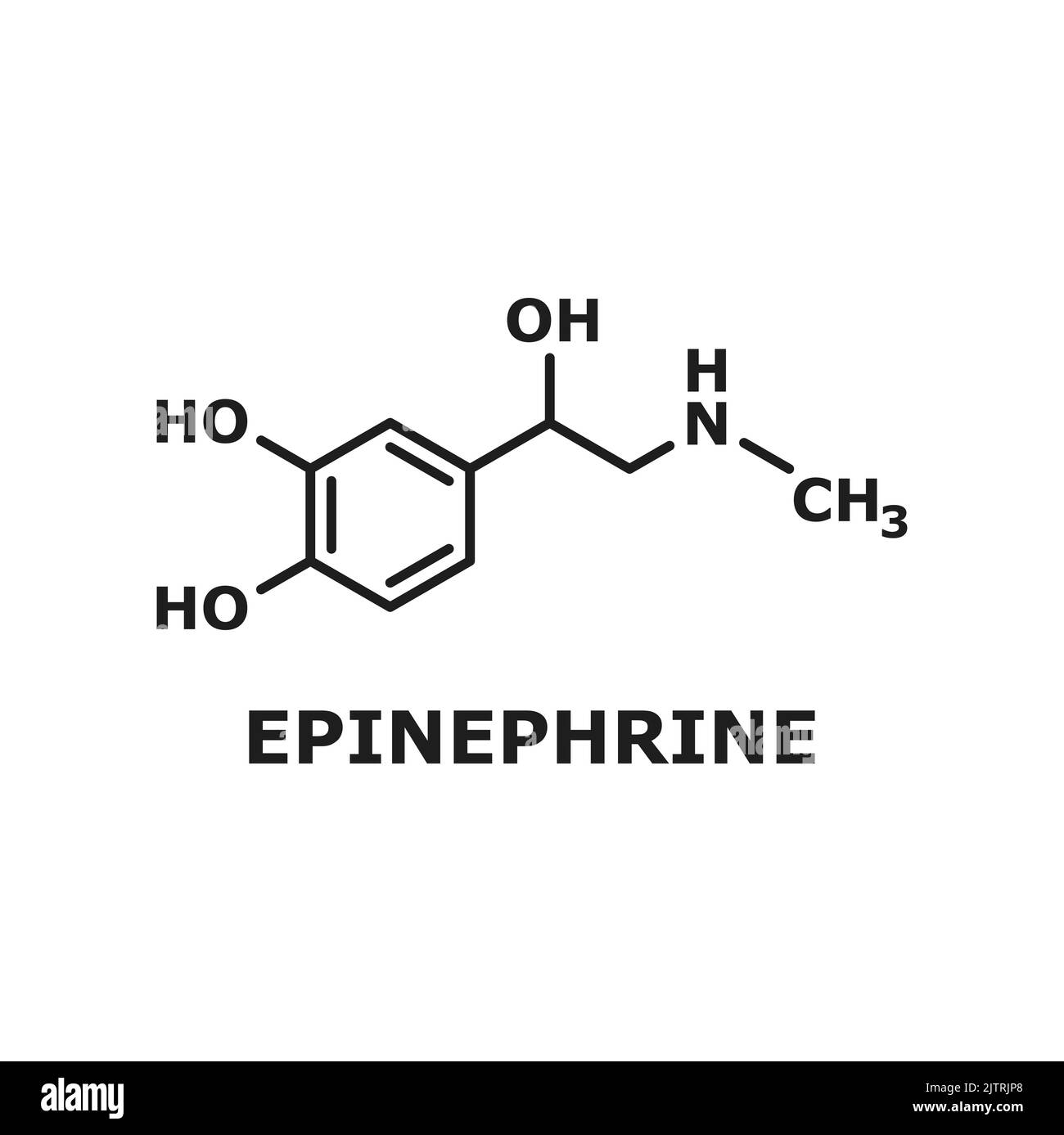 Molecola di neurotrasmettitore di epinefrina isolata da adrenalina o adrenalina. Farmaco vettore nel trattamento della formula scheletrica anafilassi. Struttura chimica ormonale prodotta da ghiandole surrenali, alcuni neuroni Illustrazione Vettoriale