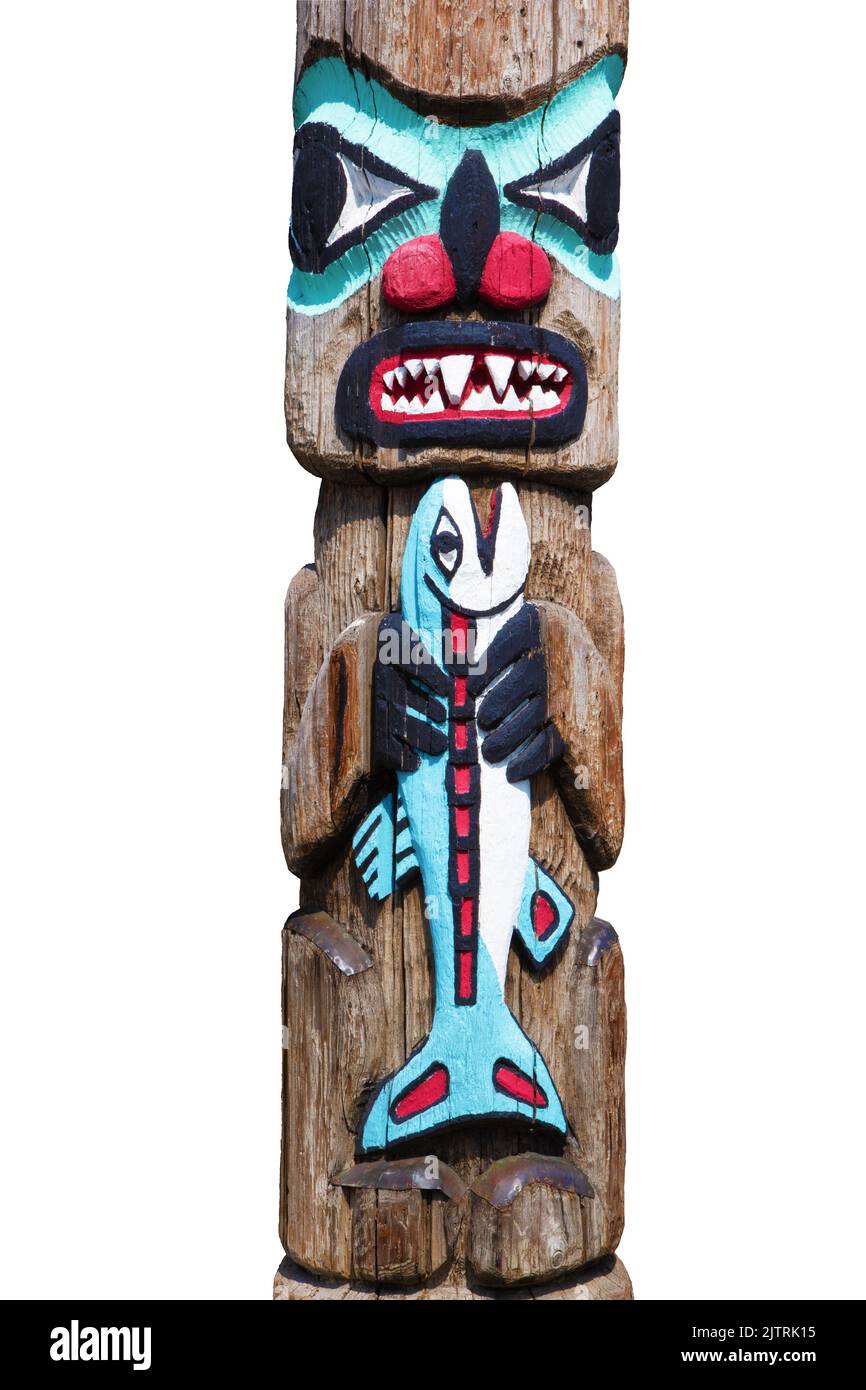 Particolare di un totem di legno dell'Alaska, ritagliato Foto Stock