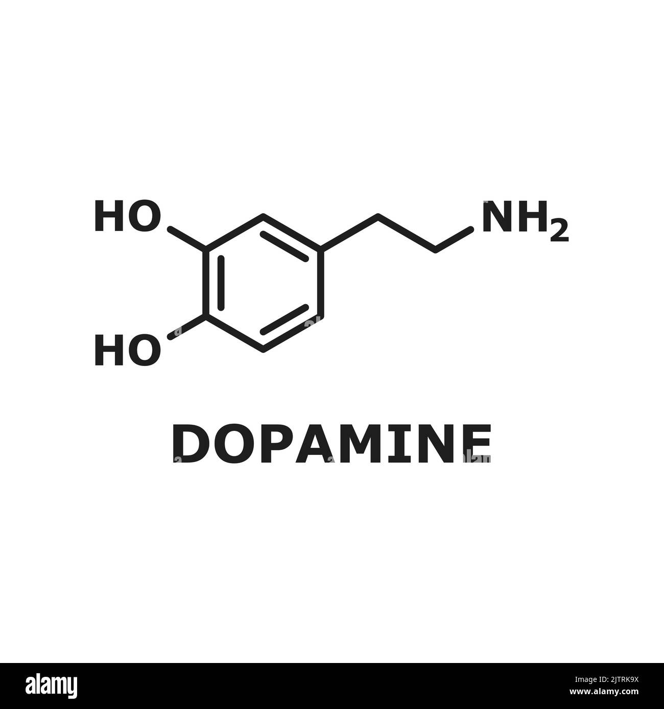 Formula molecolare chimica strutturale del neurotrasmettitore isolato dell'ormone della dopamina struttura della linea sottile. Vettore dopamina da diidrossifenetilamina ne Illustrazione Vettoriale