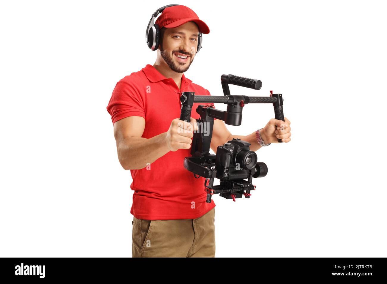 Uomo che usa uno stabilizzatore di gimbal della macchina fotografica isolato su sfondo bianco Foto Stock