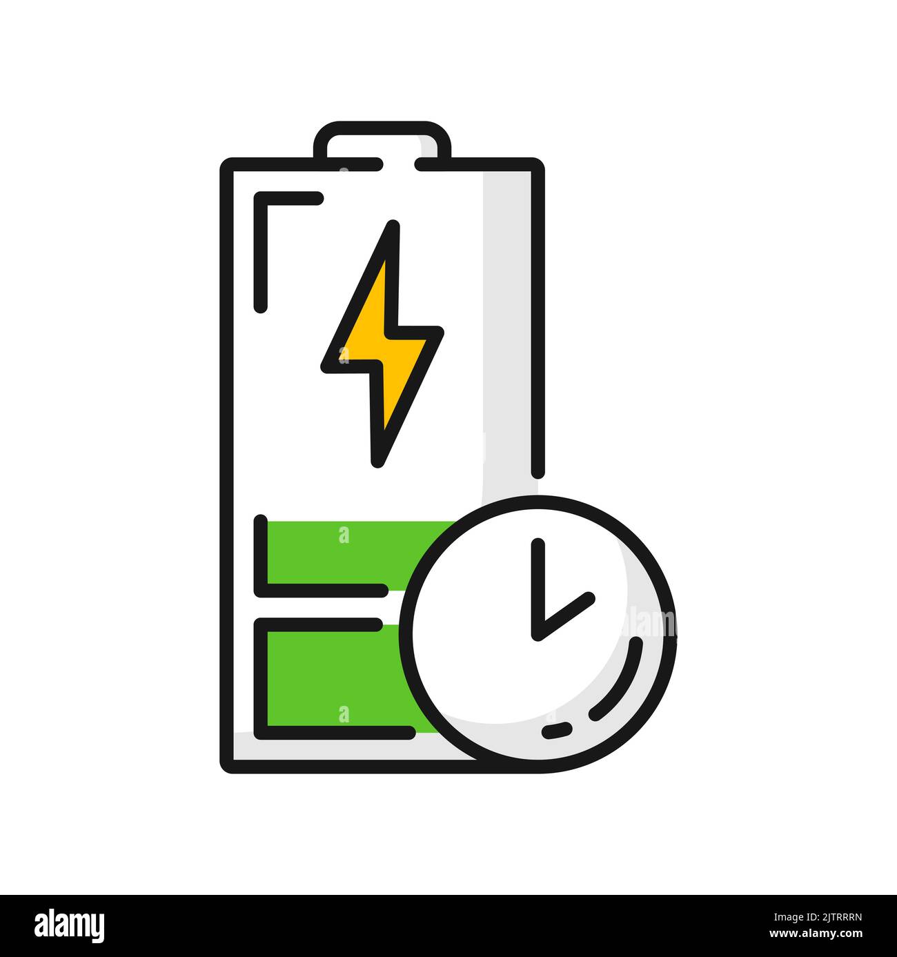 Batteria dell'auto elettrica scarica, icona di colore isolato del tempo di carica del veicolo ibrido. Carica della batteria debole del vettore, segnale di bollo o lampeggio, ricarica rapida del veicolo elettrico Illustrazione Vettoriale