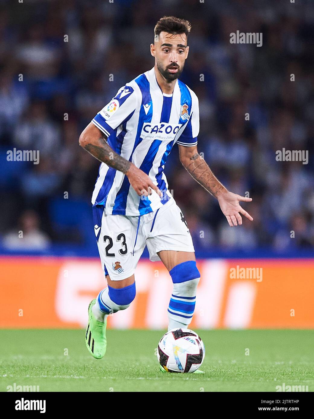 Brais Mendez di Real Sociedad durante la partita la Liga tra Real Sociedad e il FC Barcelona si è giocato allo Stadio reale Arena il 21 agosto 2022 a San Sebastian, Spagna. (Foto di Cesar Ortiz / PRESSIN) Foto Stock