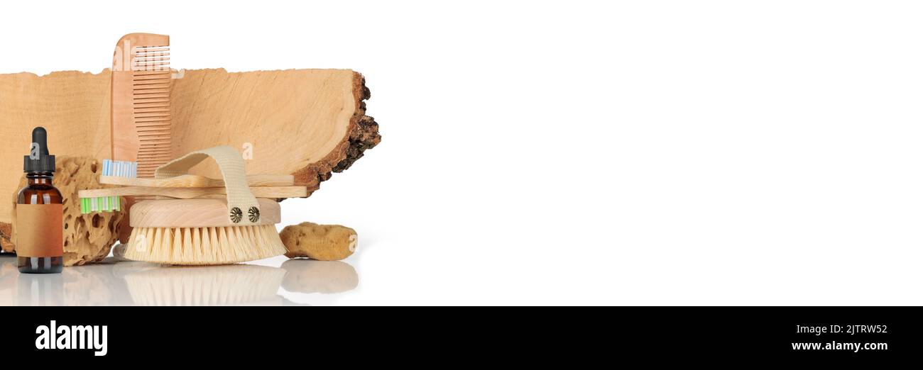 Prodotti biodegradabili, set di accessori per la cura del corpo, zero West. Banner, spazio di copia per il testo. Foto Stock