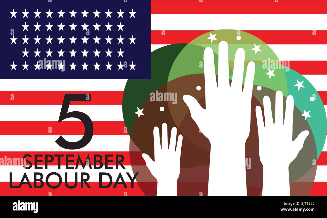 Poster della Giornata del lavoro degli Stati Uniti che mostra le mani di persone di diverse professioni con la bandiera degli Stati Uniti, Happy Labour Day, 5 settembre Illustrazione Vettoriale