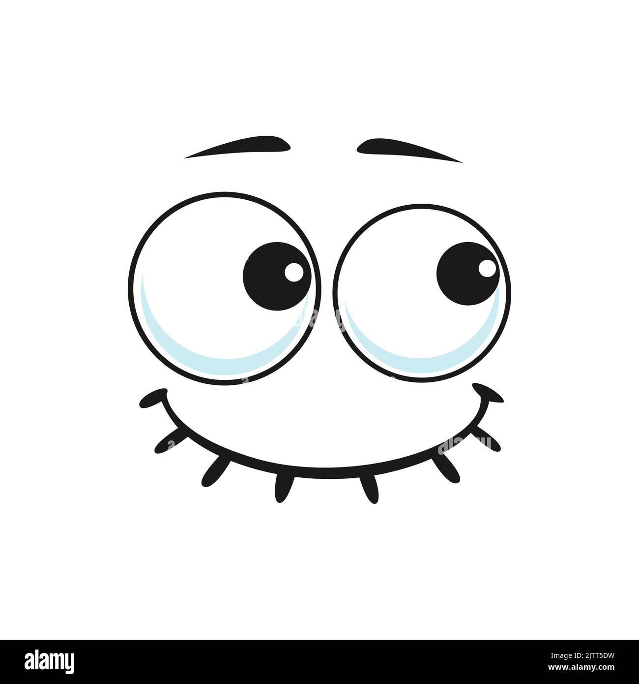 Cartone animato sorridente faccia vettore divertente emoji con amichevole scenario sorriso, bocca cucita e gli occhi rotondi. Felice espressione facciale, sentimenti positivi carattere isolato Illustrazione Vettoriale