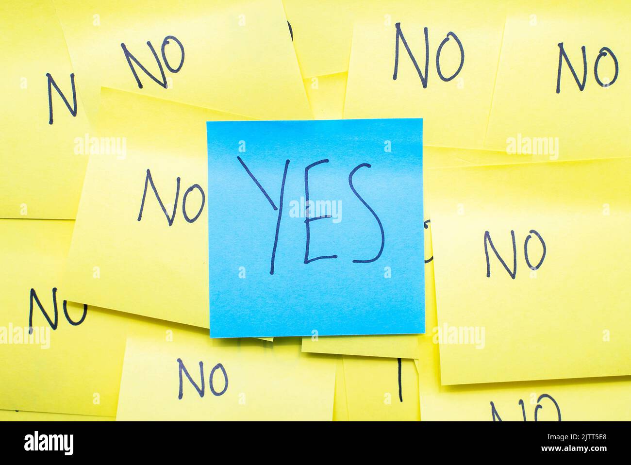 Immagine concettuale motivazionale e positività. La parola 'sì' è scritta a mano in una nota circondata da note di colore diverso con la parola 'NO' Foto Stock