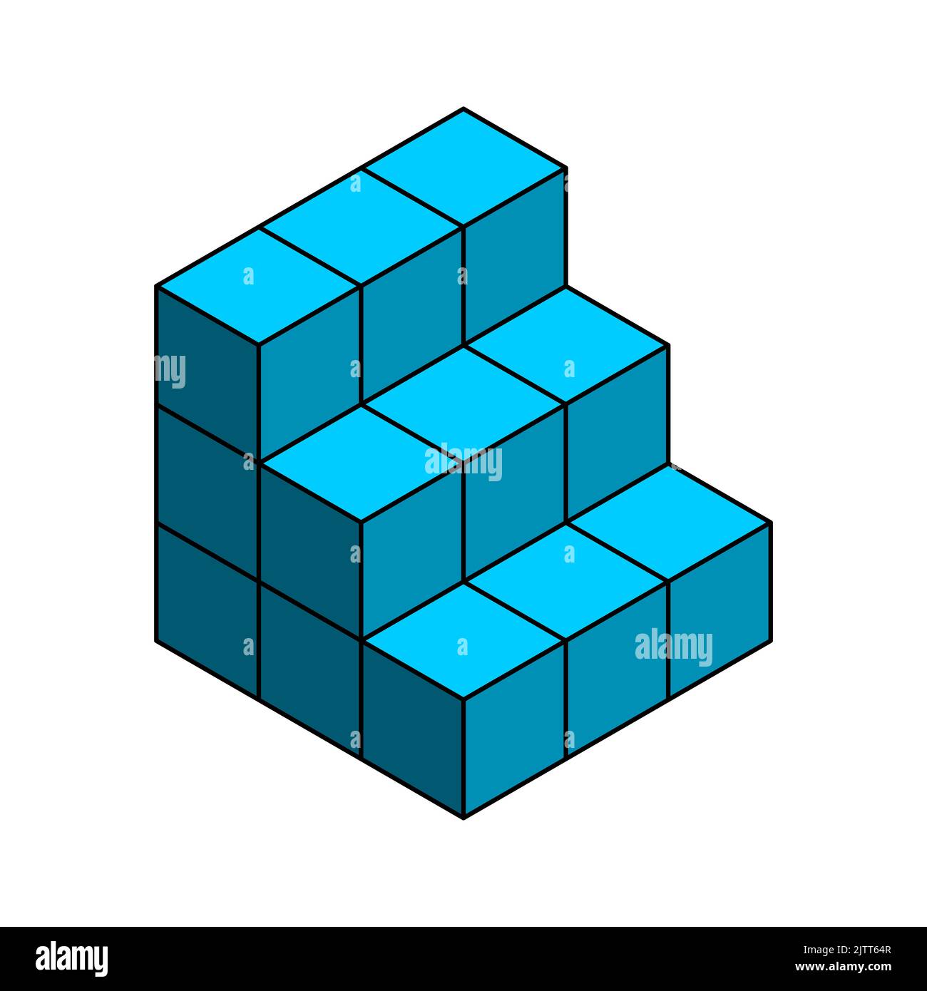 3D scale a cubetti. Scala blu con contorno. Forma geometrica. Proiezione isometrica. Elemento di progettazione. Modello infografico. Concetto ascendente. Illustrazione Vettoriale
