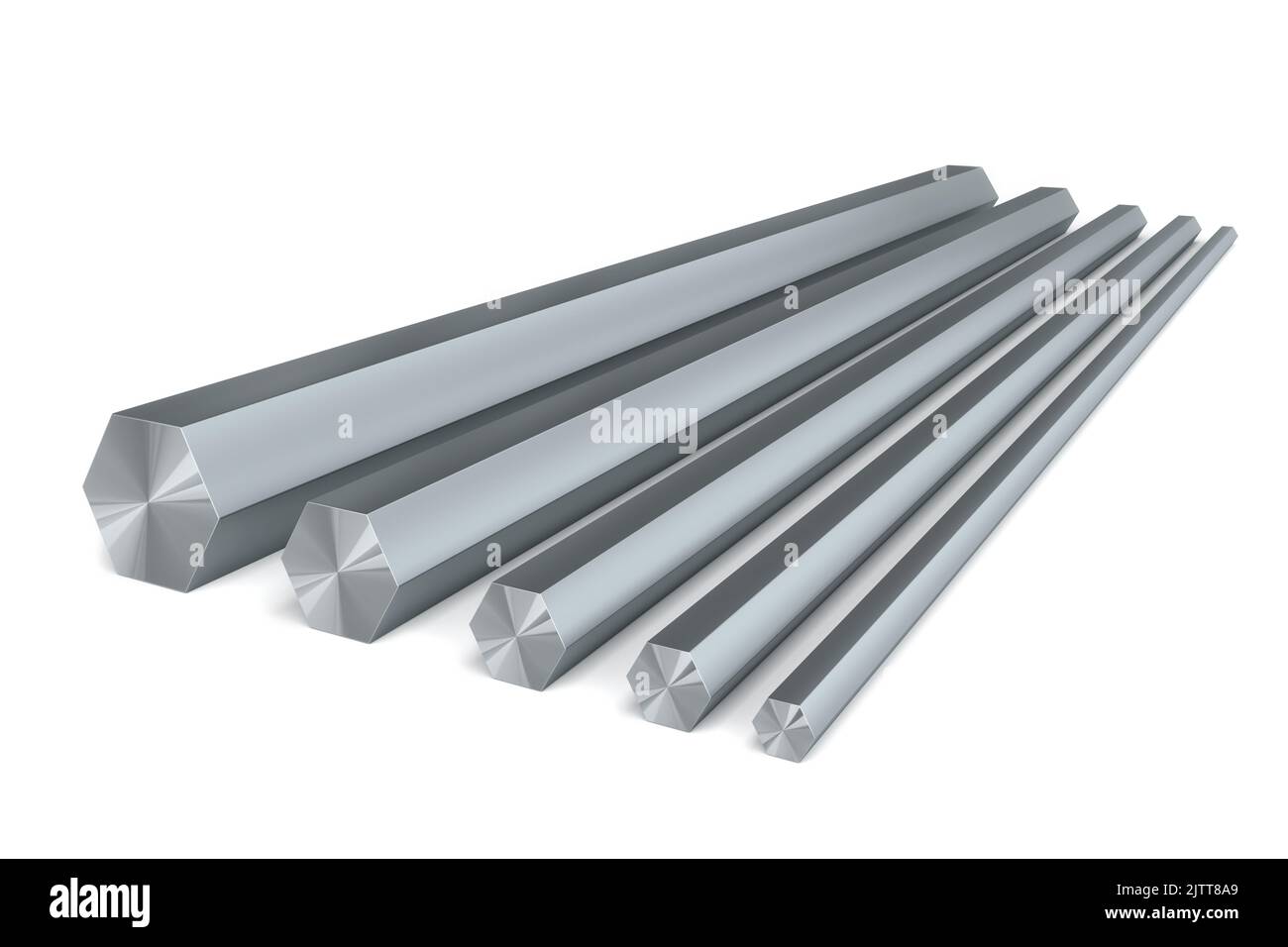 Set di 5 barre in acciaio di forma esagonale di diverse dimensioni isolate su sfondo bianco - illustrazione 3D Foto Stock Set di 5 barre in acciaio di forma esagonale di diverse dimensioni isolate su sfondo bianco - illustrazione 3D Foto Stock