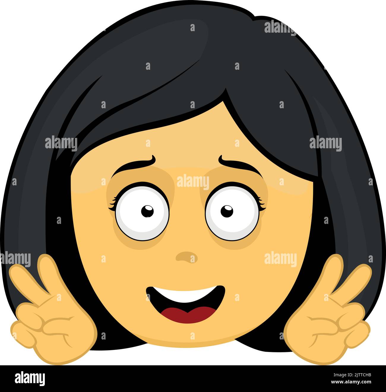 Vettore emoticon illustrazione di un cartoon giallo volto donna con una felice espressione, facendo il classico gesto di amore e di pace o v vittoria con lui Illustrazione Vettoriale